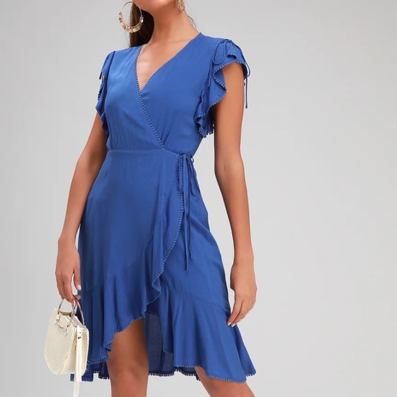 ADELEINE ROYAL BLUE WRAP MIDI DRESS - Picture 1 of 2